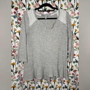 Absolutely Famous Light Gray Lace-Shoulder Peplum Tunic